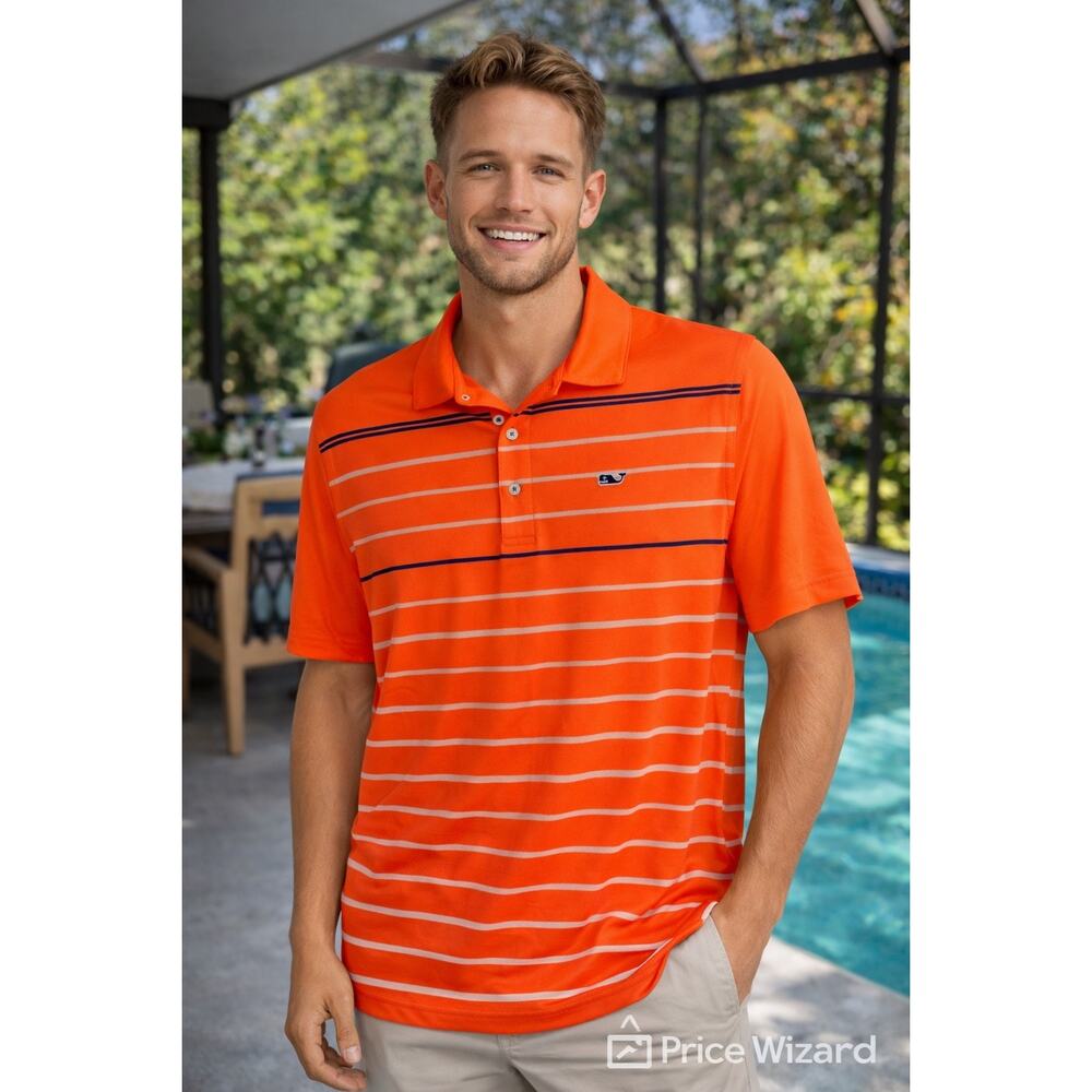Vineyard Vines Men's Golf Polo Shirt Orange Striped Performance Lg‎ pickleball
